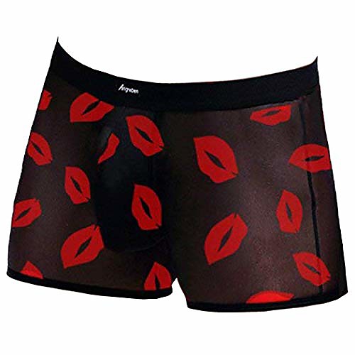 

men's sexy mesh boxer briefs hot lip seethrough underwear transparent lingerie red heart print mesh transparent bulge pouch underpants(43blackl,m)