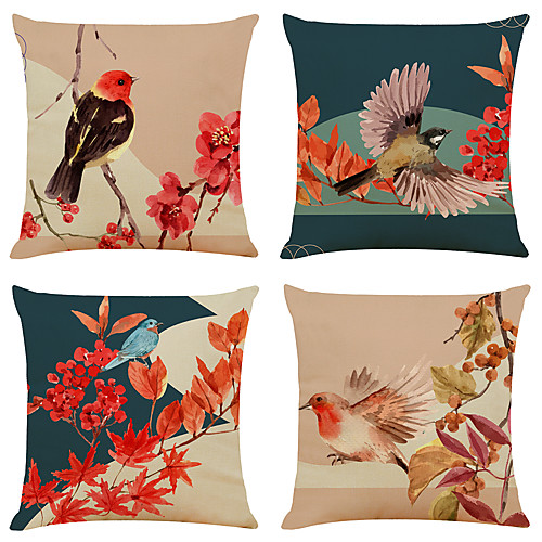 

Set of 4 Artistic flowers and Birds Linen Square Decorative Throw Pillow Cases Sofa Cushion Covers 18x18
