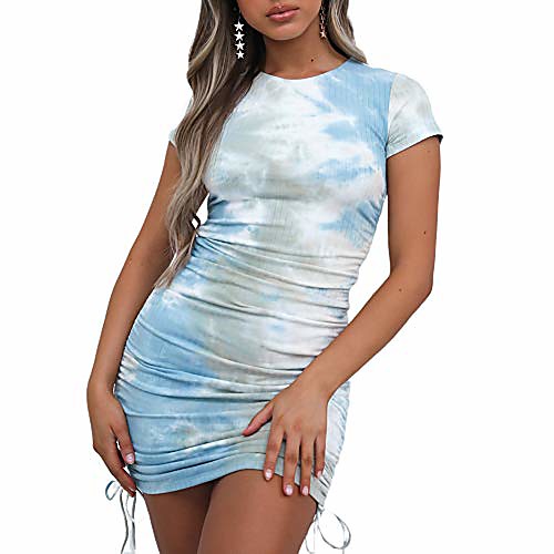 

women tie dye bodycon dress side drawstring ruched short sleeve slim mini dresses casual party evening clubwear (blue, l)