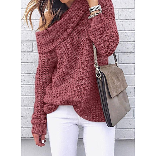 

Women's Knitted Solid Color Pullover Long Sleeve Loose Sweater Cardigans One Shoulder Fall Winter Black Red Blushing Pink