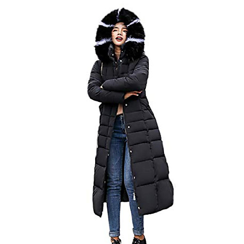

womens long winter thicken down hooded coat puffer with fur trim (large, black)