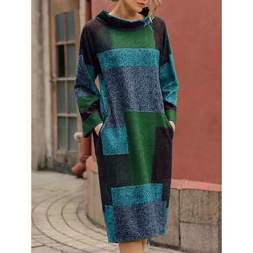 

Women's Shift Dress Midi Dress Purple Red Green Gray Long Sleeve Color Block Print Fall Winter Round Neck Casual Vintage Cotton 2021 M L XL XXL