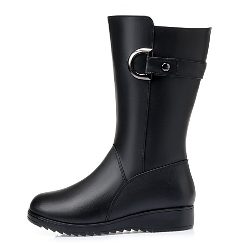 

Women's Boots Riding Boots Wedge Heel Round Toe Mid Calf Boots Casual Daily Walking Shoes PU Solid Colored Black / Mid-Calf Boots