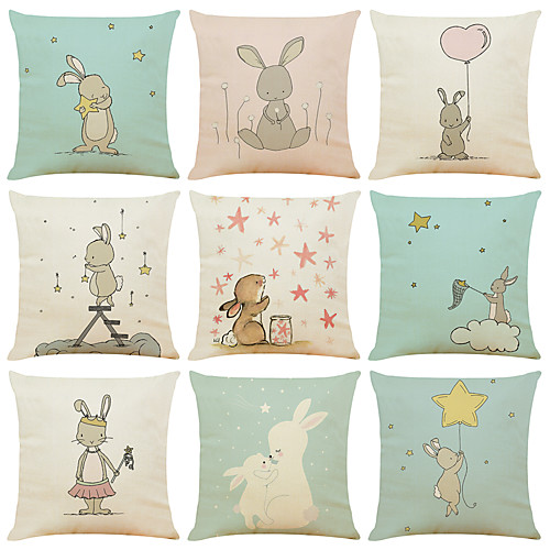 

Set of 9 Cute Rabbit Linen Square Decorative Throw Pillow Cases Sofa Cushion Covers 18x18