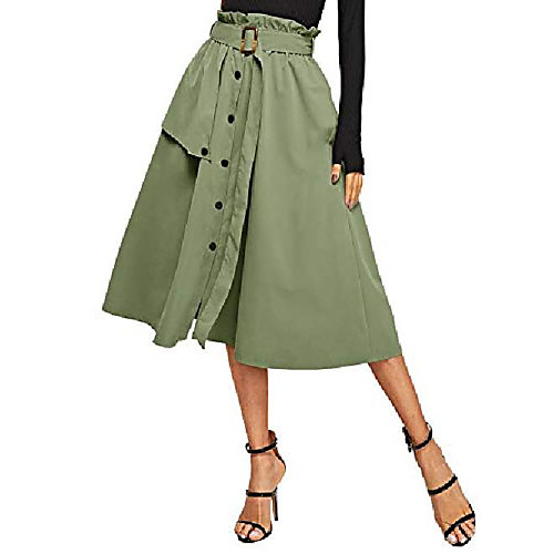 

women's vintage button front belted midi skirt with pocket army green s