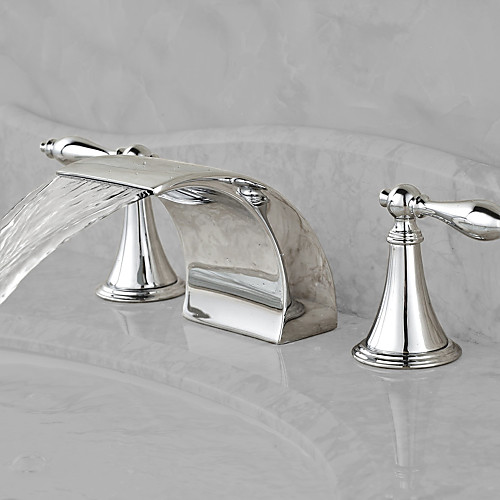 

Contemporary Widespread Waterfall Ceramic Valve Two Handles Three Holes Chrome, Bathroom Sink Faucet