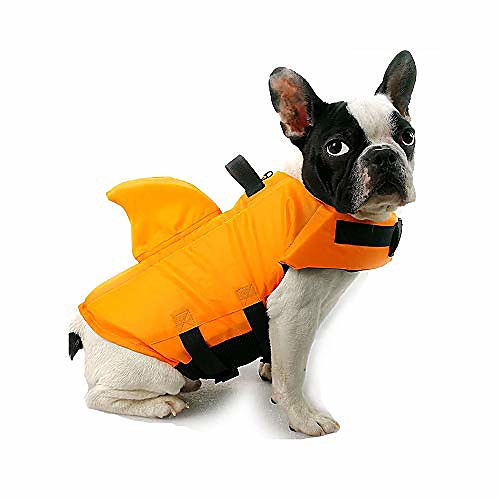 

dog life jacket shark, dog life vest for small medium, professional pet dog lifesaver preserver cold weather coat swim suit perfect for safety swimming, boating, pool, beach (orange-l)