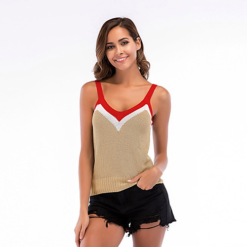 

Women's Tank Top Color Block Round Neck Tops Basic Basic Top White Black Khaki