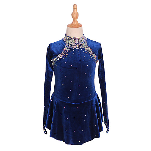 

Figure Skating Dress Women's Girls' Ice Skating Dress Dark Navy Asymmetric Hem Spandex Velvet High Elasticity Training Competition Skating Wear Patchwork Solid Color Crystal / Rhinestone Long Sleeve