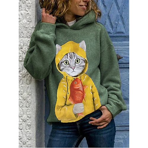 

Women's Pullover Hoodie Sweatshirt Cat Daily Casual Hoodies Sweatshirts Blushing Pink Green Gray