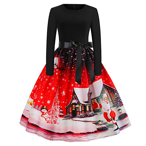 

Women's A Line Dress Knee Length Dress Blue Purple Red Long Sleeve Print Bow Print Fall Round Neck Vintage Christmas 2021 S M L XL XXL