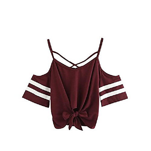 

women's knotted cold shoulder t shirt criss cross crop tops wine red xxl