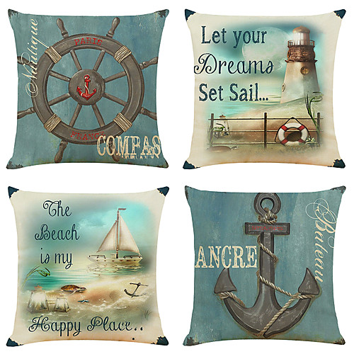 

Set of 4 Nautical Anchor Linen Square Decorative Throw Pillow Cases Sofa Cushion Covers 18x18