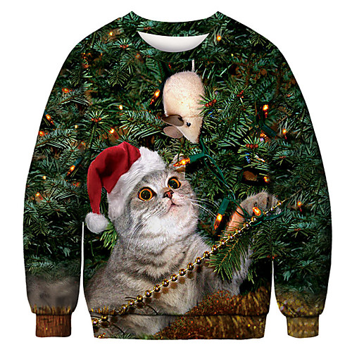 

Men's Party Pullover Sweatshirt Cat Graphic Ugly Christmas Round Neck Party Christmas Hoodies Sweatshirts Long Sleeve Green