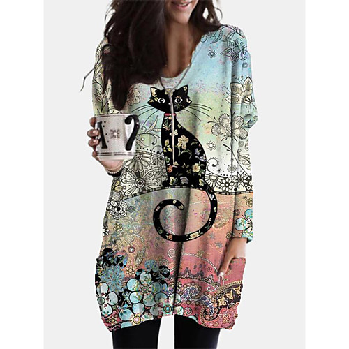 

Women's Shift Dress Short Mini Dress Cat Graphic Long Sleeve Print Animal Patchwork Print Fall Spring Casual Boho Cotton 2021 Blushing Pink L XL XXL 3XL 4XL 5XL