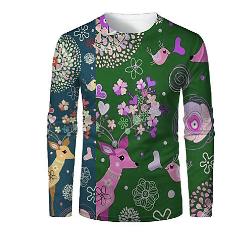 

Men's T shirt 3D Print Graphic 3D Animal Print Long Sleeve Christmas Tops Green
