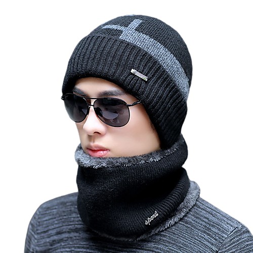 

Men's Hiking Cap Beanie Hat 1 set Winter Outdoor Windproof Warm Soft Thick Neck Gaiter Neck Tube Skull Cap Beanie Patchwork Woolen Cloth Navy Wine Black for Fishing Climbing Running
