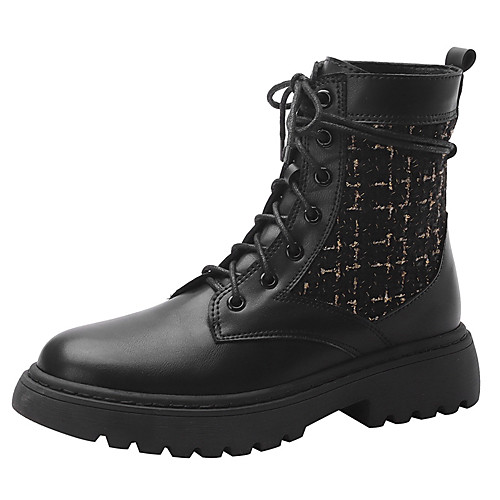 

Women's Boots Block Heel Boots Chunky Heel Round Toe Booties Ankle Boots British Daily Walking Shoes PU Lace-up Color Block Black / Silver Black / Booties / Ankle Boots