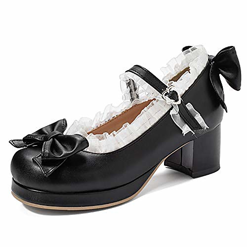 

women fashion sweet bownot lolita shoes block heels ankle strap platform lace maid mary jane shoes beige