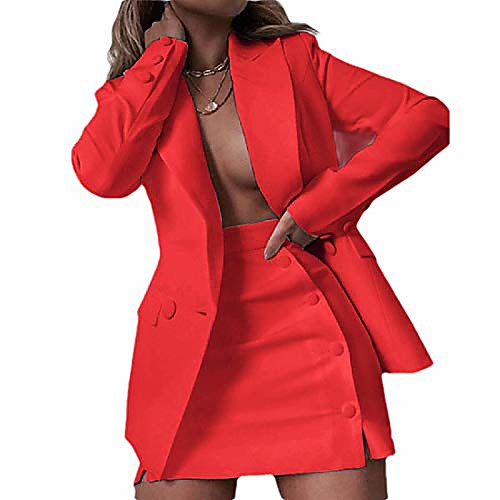 

women solid skirt 2 piece set wear to work casual suit jacket blazer red s