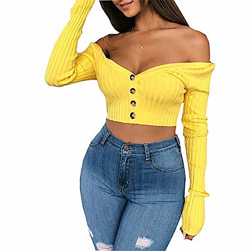 

women long sleeve v neck crop top neon ribbed sexy fit shirts with buttons yellow, l 3757