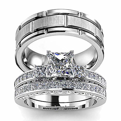 

two rings his hers couples matching rings women's 2pc white gold filled square cz wedding engagement ring bridal sets & men's titanium wedding band