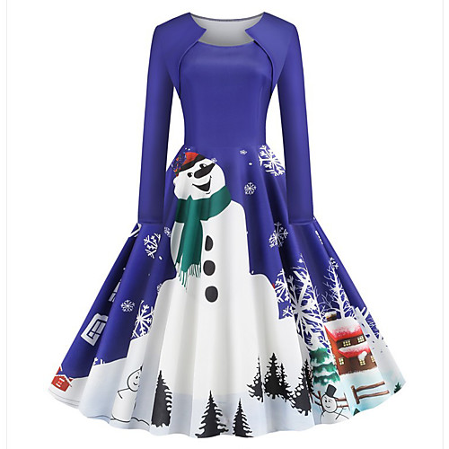

Women's A Line Dress Knee Length Dress Blue Purple Green Long Sleeve Print Print Fall Spring Round Neck Elegant Christmas 2021 S M L XL XXL