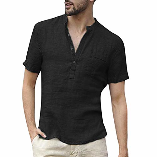 

button down shirt, linen,men casual solid color short sleeve retro t shirts tops with pocket black