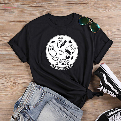 

Women's T-shirt Cat Graphic Prints Letter Print Round Neck Tops 100% Cotton Basic Basic Top White Black Purple