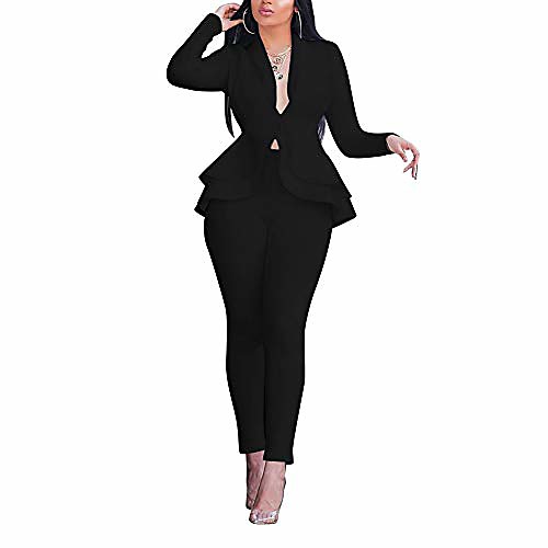 

women's elegant business suit set - sexy deep v neck ruff hem solid jacket casual blazer with pant black l