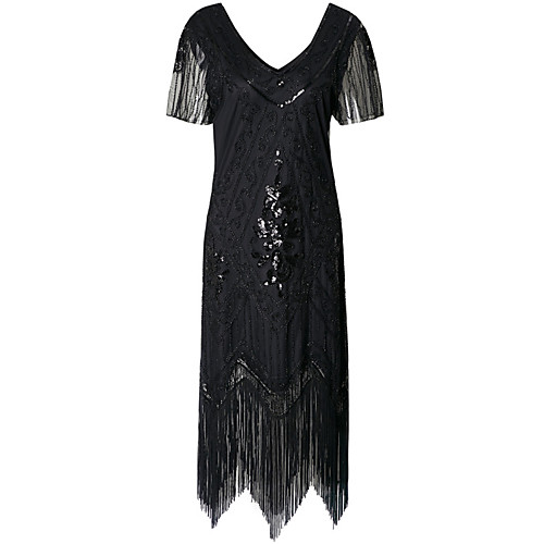 

women 1920s gatsby vintage sequin flapper fringe party plus dress, style leaf black, medium