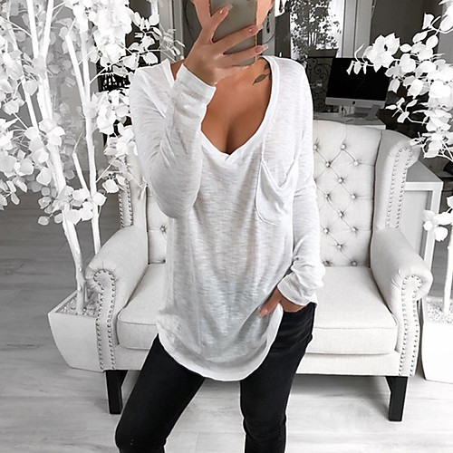 

Women's T shirt Solid Colored Long Sleeve V Neck Tops Basic Basic Top White Black Blue