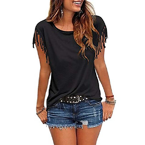 

women's tassel short sleeve round neck t shirt top casual summer tee