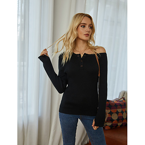 

Women's Basic Knitted Solid Color Plain Pullover Long Sleeve Sweater Cardigans Off Shoulder Fall Winter Black