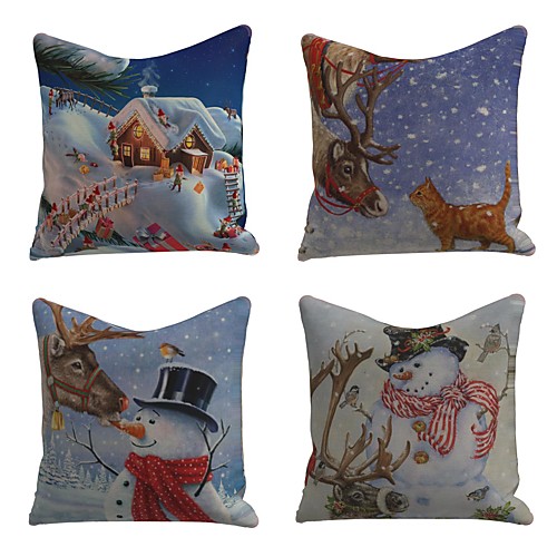 

Set of 4 Linen Pillow Cover Special Design Cartoon Traditional Christmas Throw Snowflake Snowman Cartoon Print Pillow 4545cm