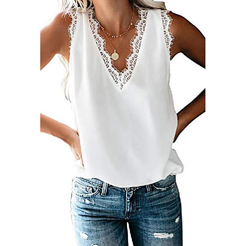 

womens sleeveless eyelash lace v neck tank top white-l