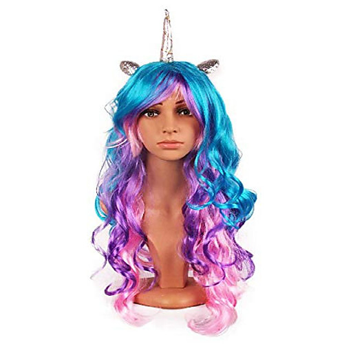 

women's unicorn with horn halloween cosplay wig for women, girls one size fits all (unicorn wig pink/purple/turquoise)