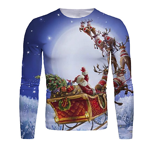 

Men's T shirt 3D Print Graphic 3D Animal Print Long Sleeve Christmas Tops Blue / White