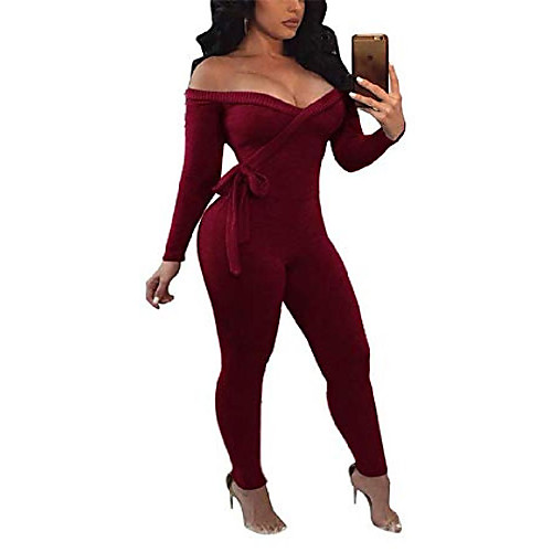 

women sexy deep v neck off shoulder long sleeve one-piece bodycon jumpsuits elegant romper plus size red l