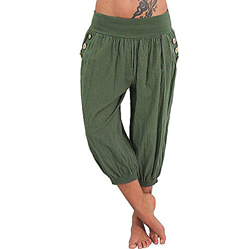 

women yoga pants, elastic waist boho check baggy wide leg casual yoga capris pants by-newonesun green