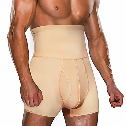 

men tummy control shorts high waist slimming underwear body shaper seamless belly girdle boxer briefs (beige, l)