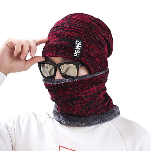 

Men's Hiking Cap Ski Hat Beanie Hat 2 PCS Winter Outdoor Windproof Warm Soft Thick Neck Gaiter Neck Tube Skull Cap Beanie Patchwork Woolen Cloth Black Red Grey for Fishing Climbing Running