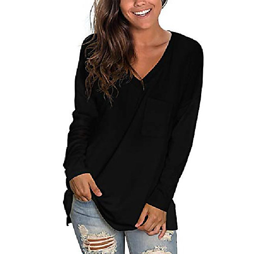 

women's fall long sleeve shirts v neck tunic tops for leggings loose fit casual basic tee with pocket black size l