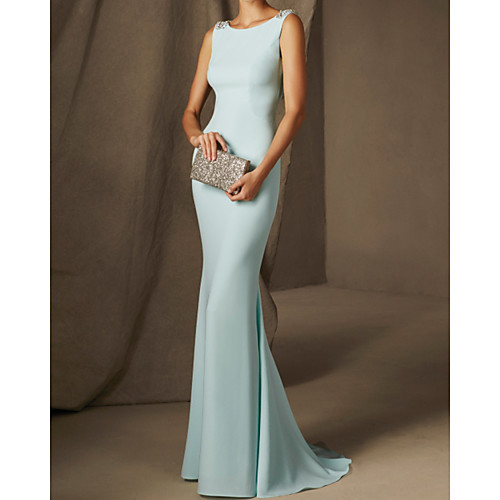

Mermaid / Trumpet Beautiful Back Sexy Engagement Formal Evening Dress Boat Neck Sleeveless Court Train Stretch Satin with Beading 2021