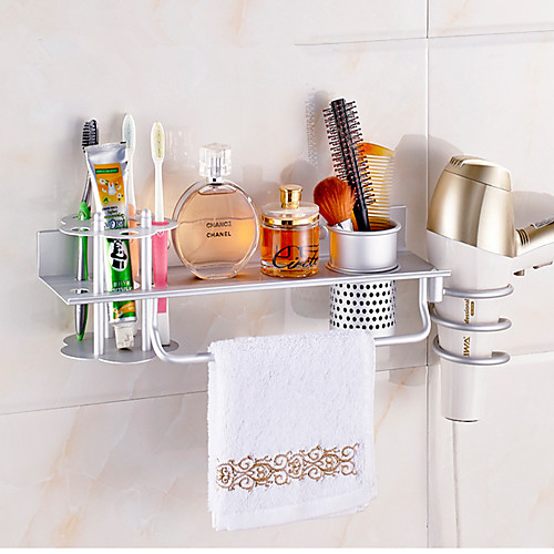 

Multifunctional Bathroom Shelf for Hair Dryer and Comb Aluminum Silver, Golden Color - Wall Mounted for Home and Hotel Bathroom