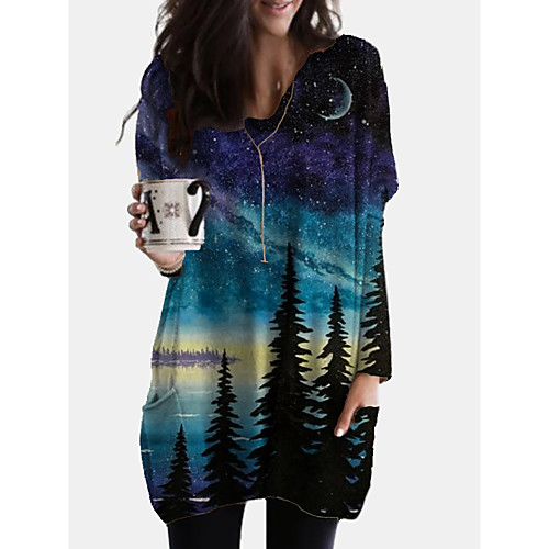 

Women's Tunic Color Gradient Scenery Long Sleeve Print Round Neck Tops Vintage Basic Top Black