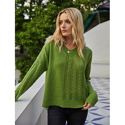 

Women's Knitted Solid Color Plain Pullover Cotton Long Sleeve Sweater Cardigans V Neck Fall Winter Green