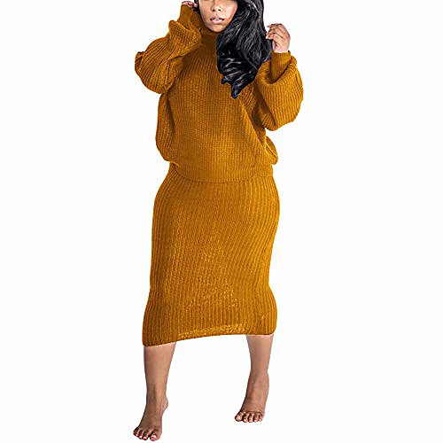 

women's sweater skirt set - knitted 2 piece outfits long sleeve turtle neck pullover sweater and mini dresses suits yellow xx-large