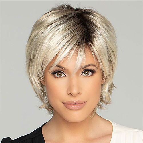 

Synthetic Wig Straight kinky Straight With Bangs Wig Short Light golden Synthetic Hair Women's Fashionable Design Easy to Carry Cool Blonde