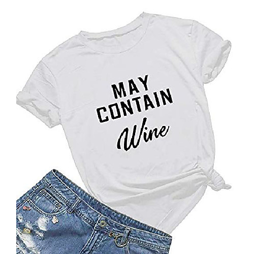 

may contain wine t shirt women' s letter print funny wine lovers t-shirt short sleeve tops (white01, s)